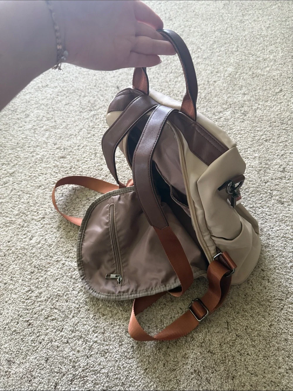 Beige Everyday Backpack with Brown Accent Strap